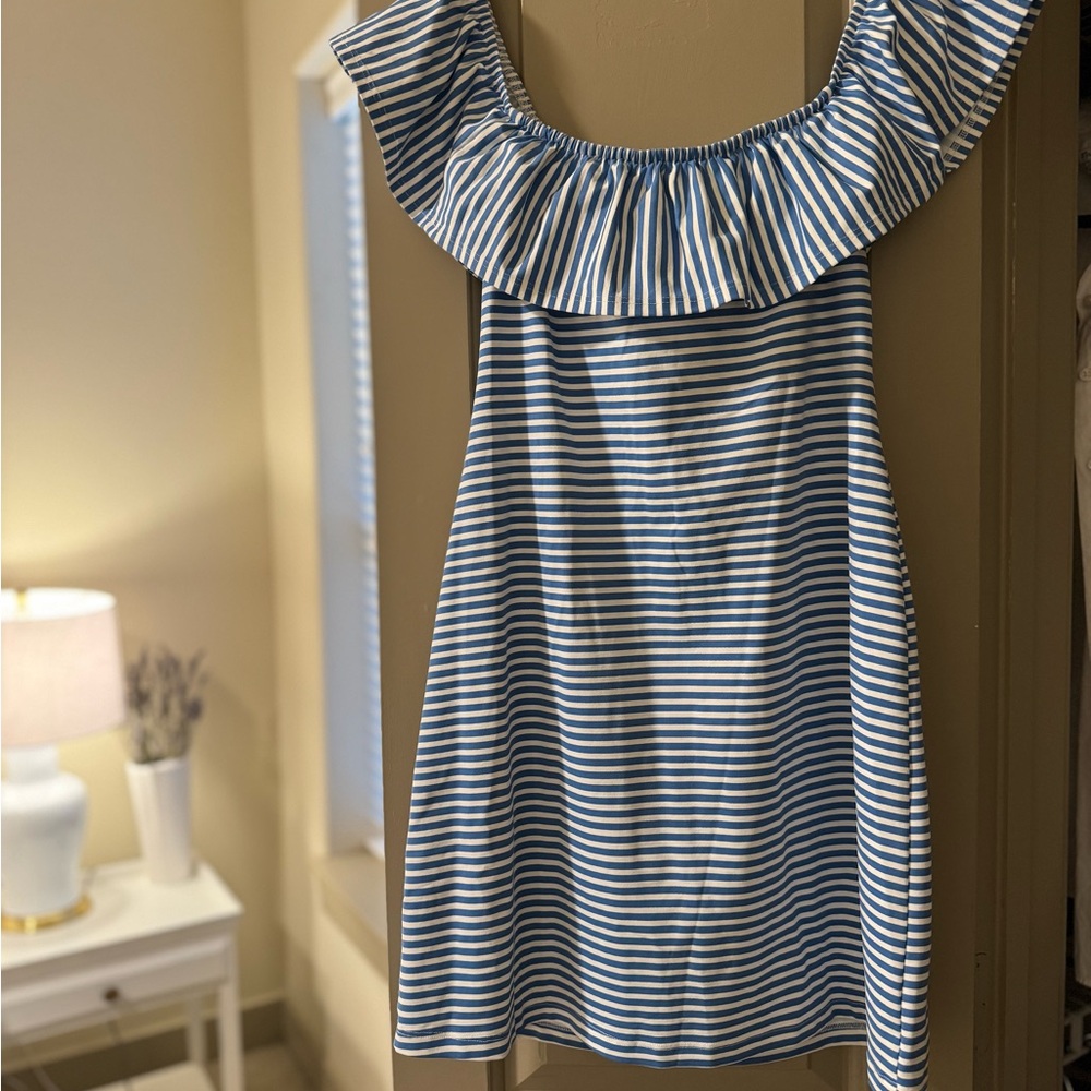 Sailor-Sailor Blue and White Striped Off-Shoulder Dress